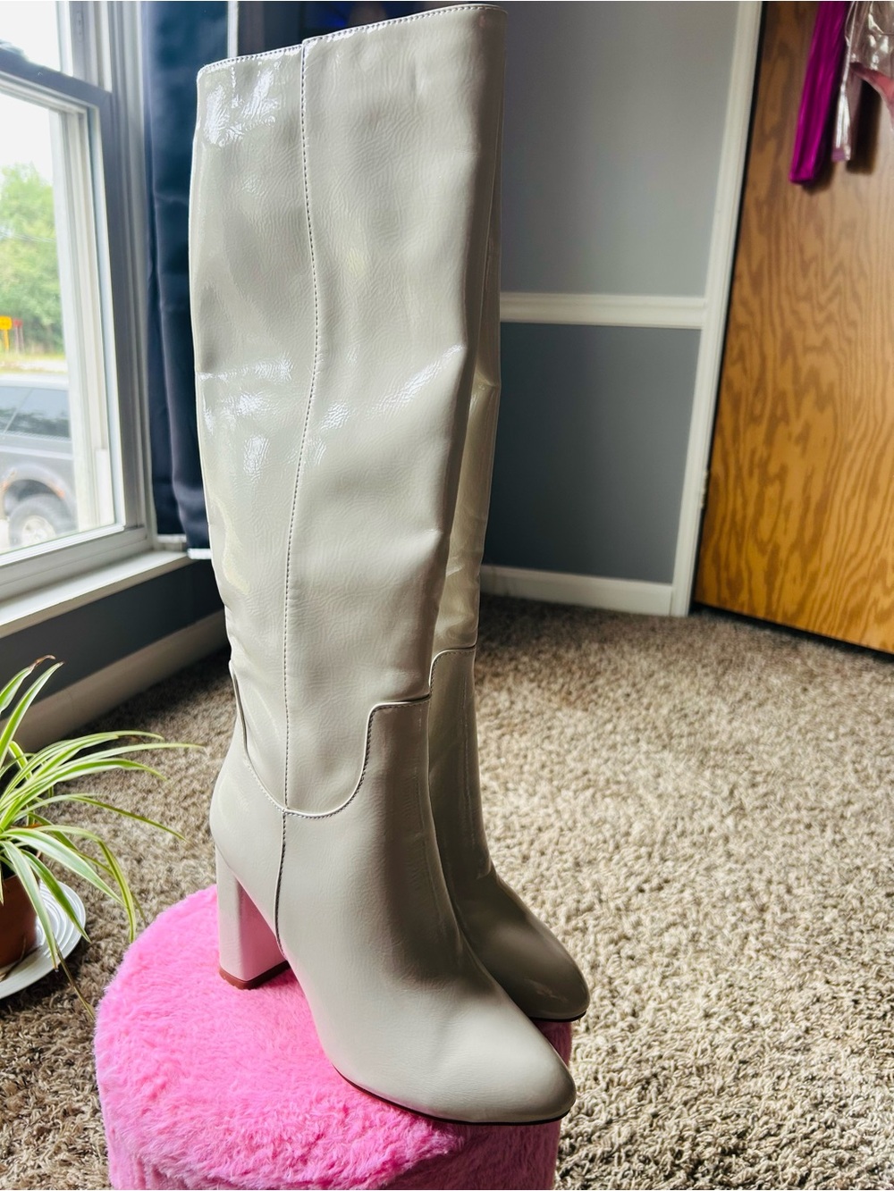 PrettyLittleThing Tall Patent Knee-High Boots in Cream White
